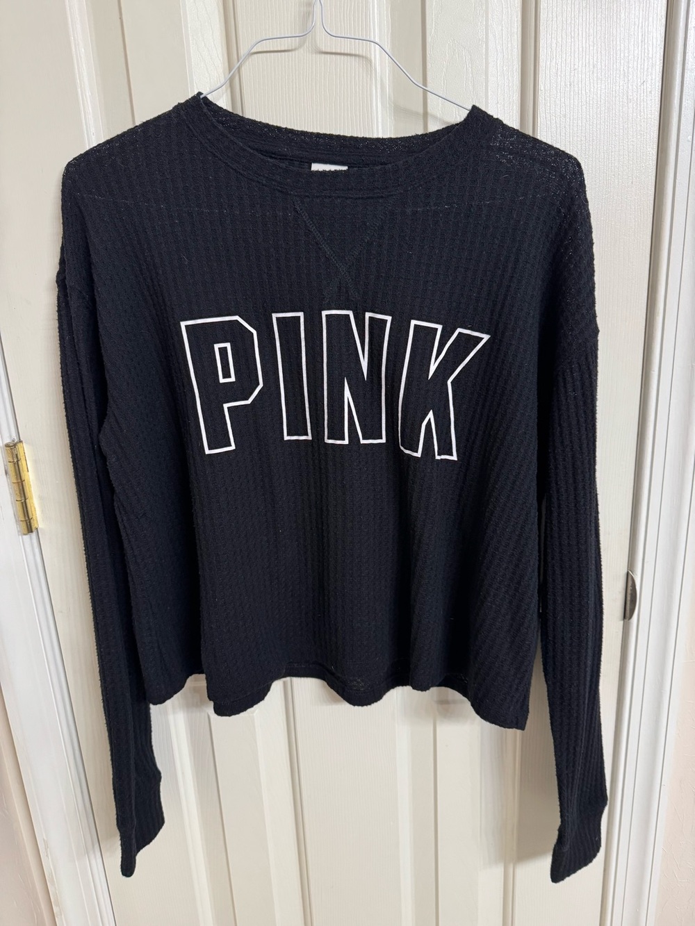 PINK Victoria's Secret Black Waffle Knit Long Sleeve Logo Top